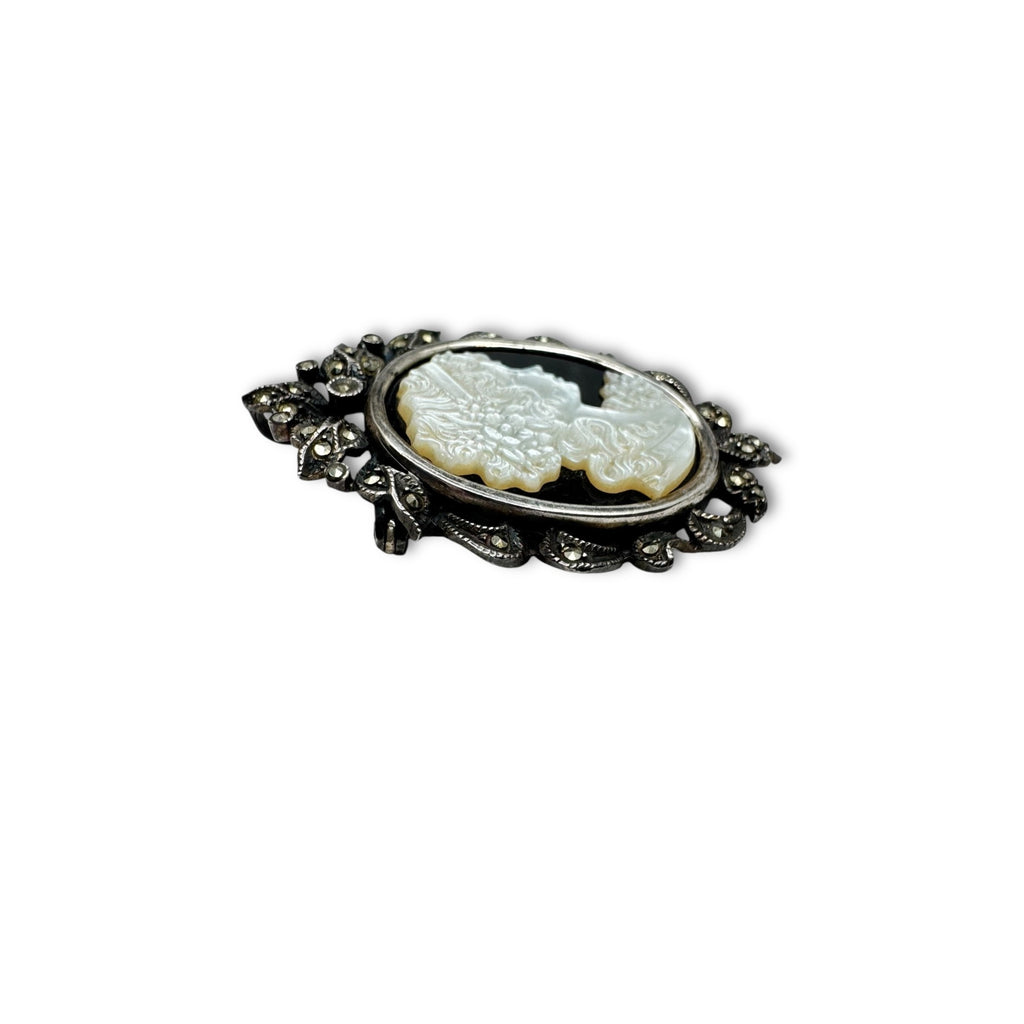 Art Deco Sterling Silver Cameo Brooch Pendant Marcasite Mother Of Pearl