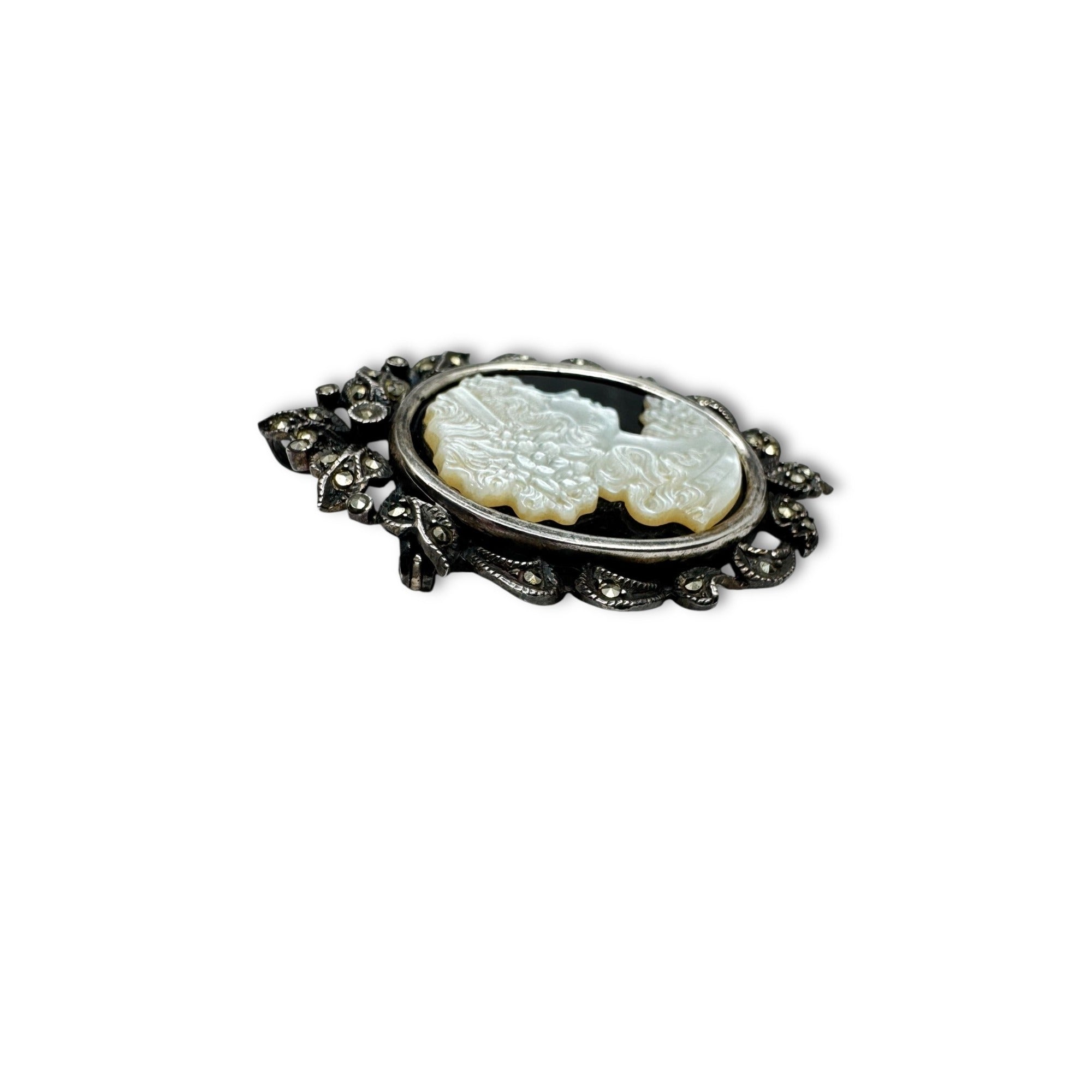 Art Deco Sterling Silver Cameo Brooch Pendant Marcasite Mother Of Pearl