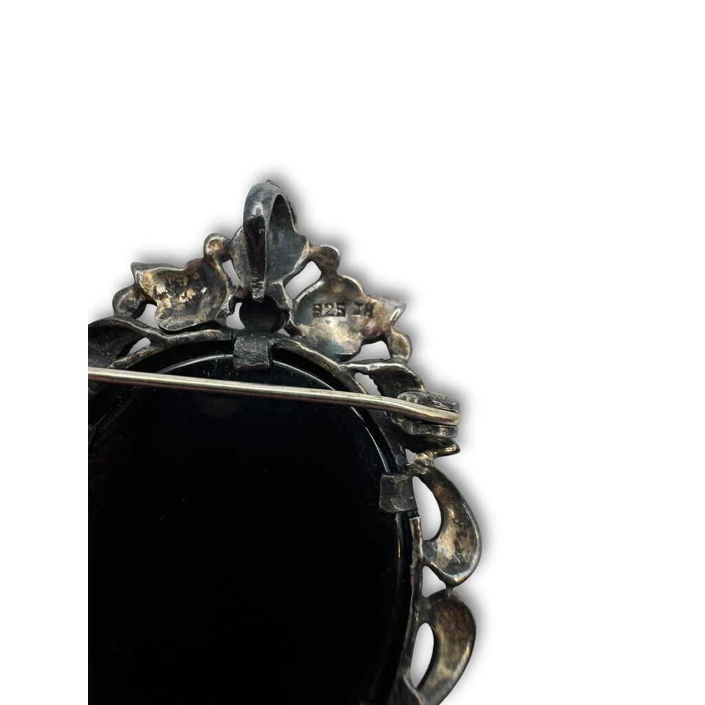 Art Deco Sterling Silver Cameo Brooch Pendant Marcasite Mother Of Pearl