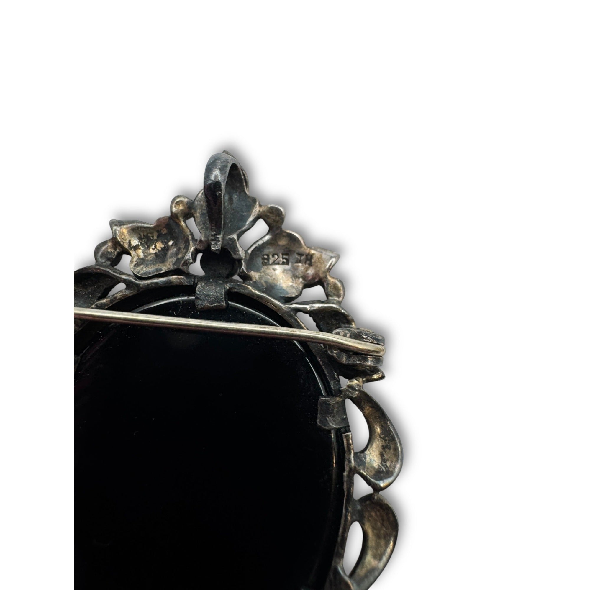 Art Deco Sterling Silver Cameo Brooch Pendant Marcasite Mother Of Pearl