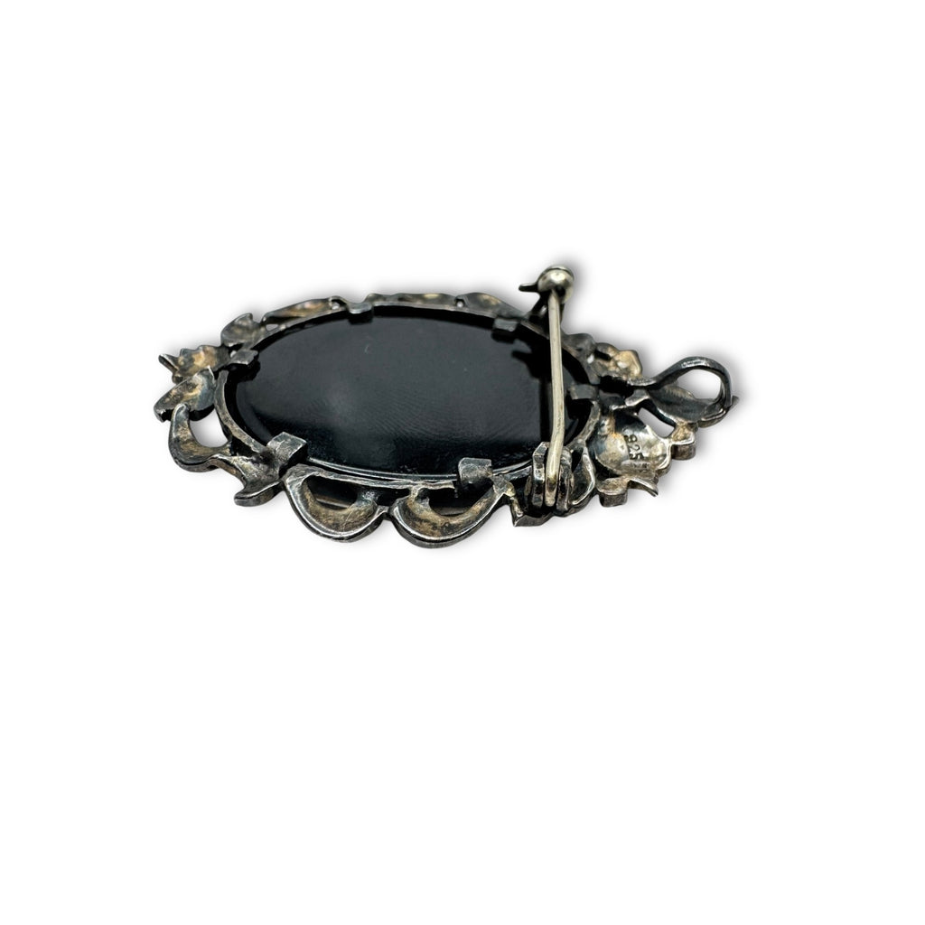 Art Deco Sterling Silver Cameo Brooch Pendant Marcasite Mother Of Pearl