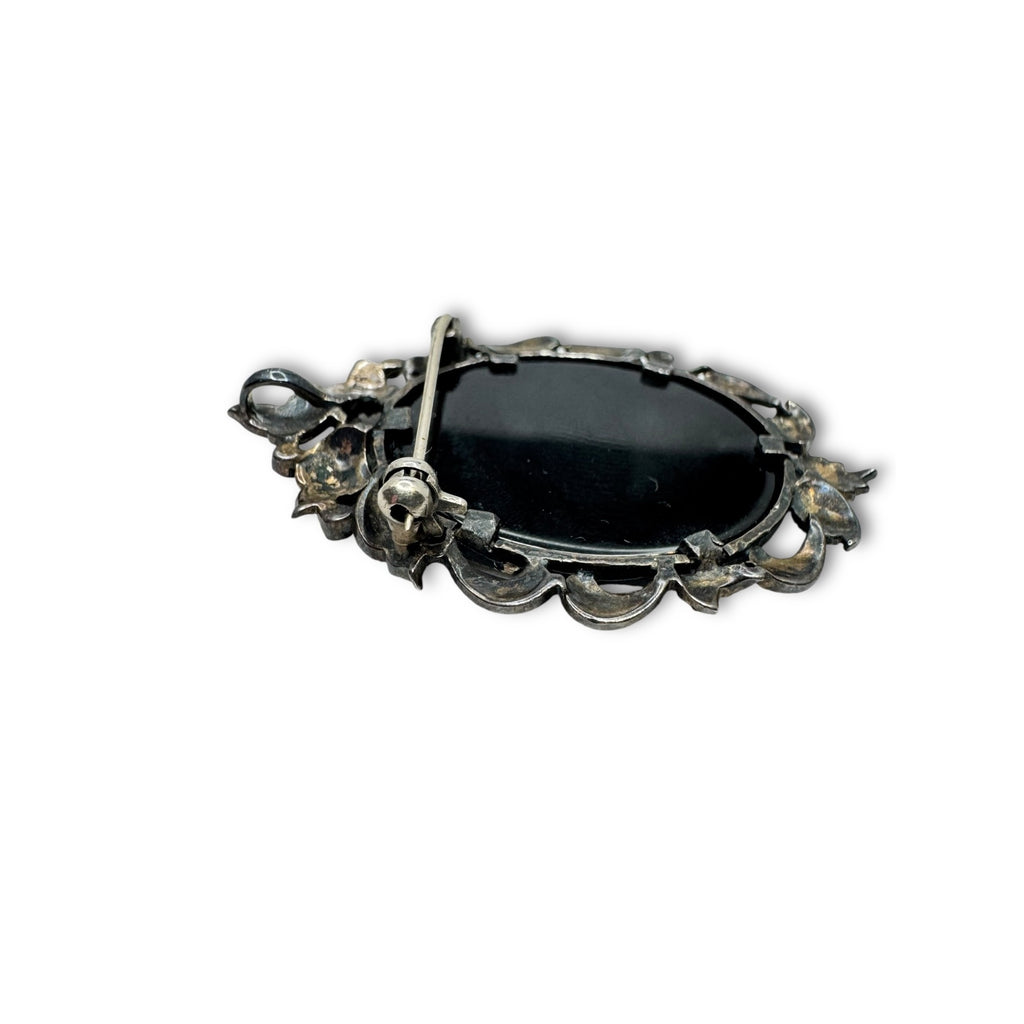 Art Deco Sterling Silver Cameo Brooch Pendant Marcasite Mother Of Pearl