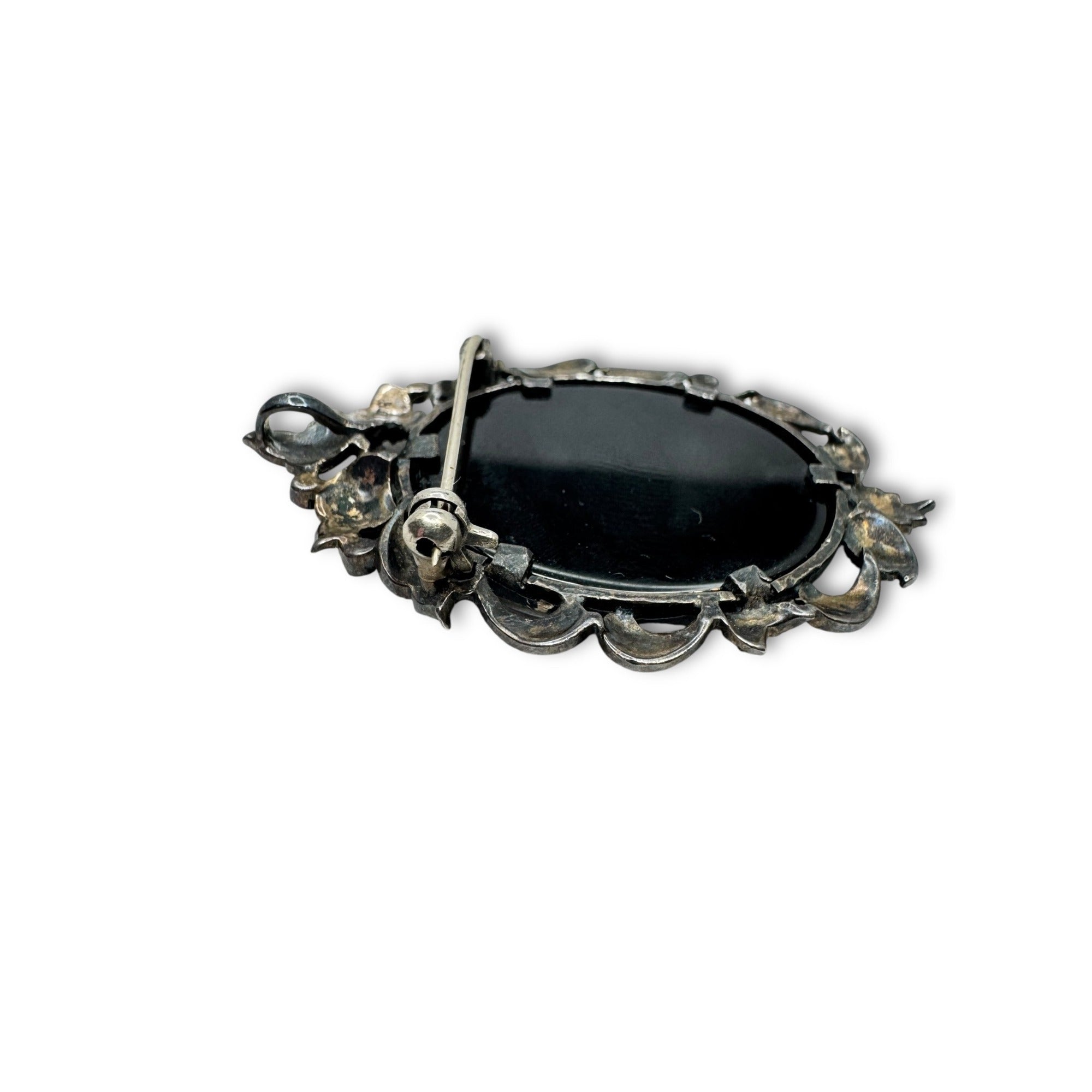 Art Deco Sterling Silver Cameo Brooch Pendant Marcasite Mother Of Pearl