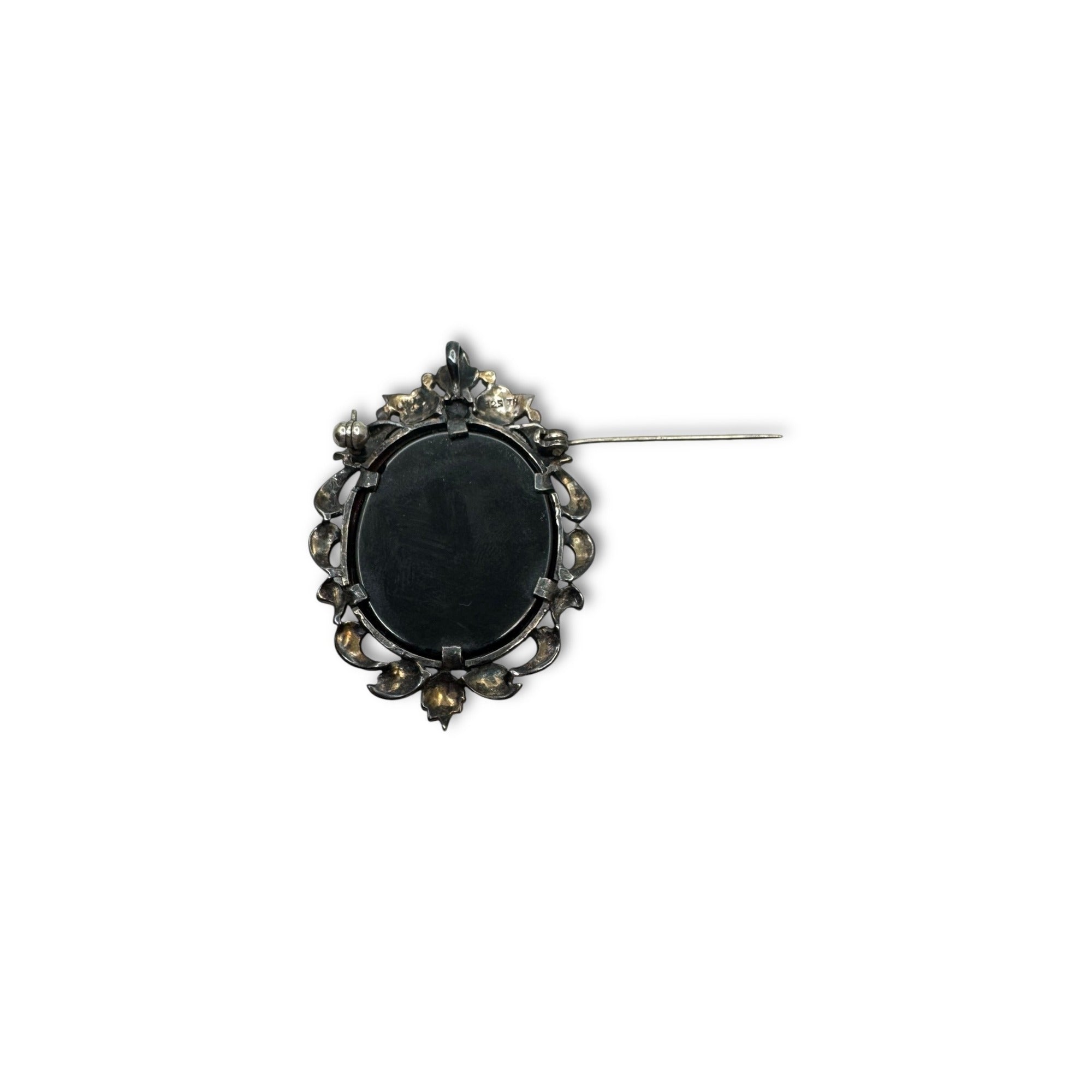 Art Deco Sterling Silver Cameo Brooch Pendant Marcasite Mother Of Pearl