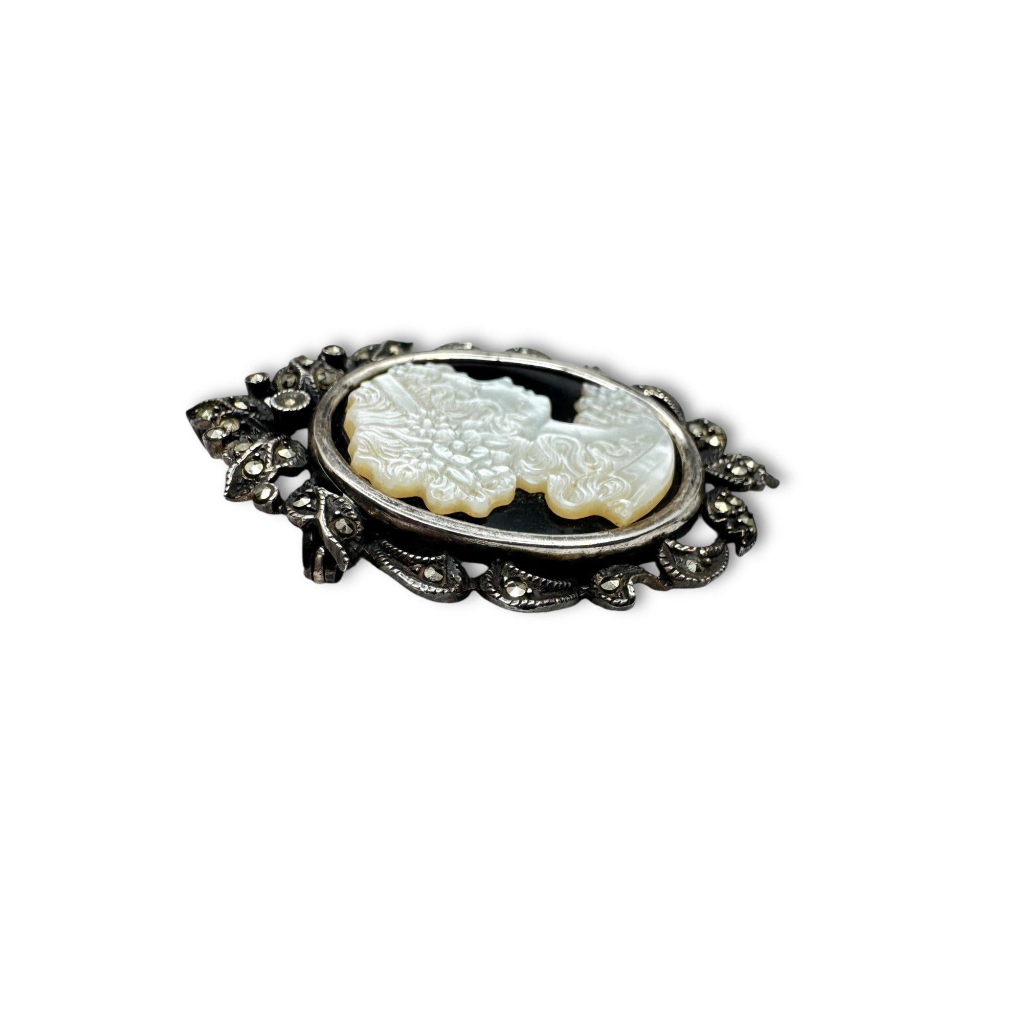 Art Deco Sterling Silver Cameo Brooch Pendant Marcasite Mother Of Pearl