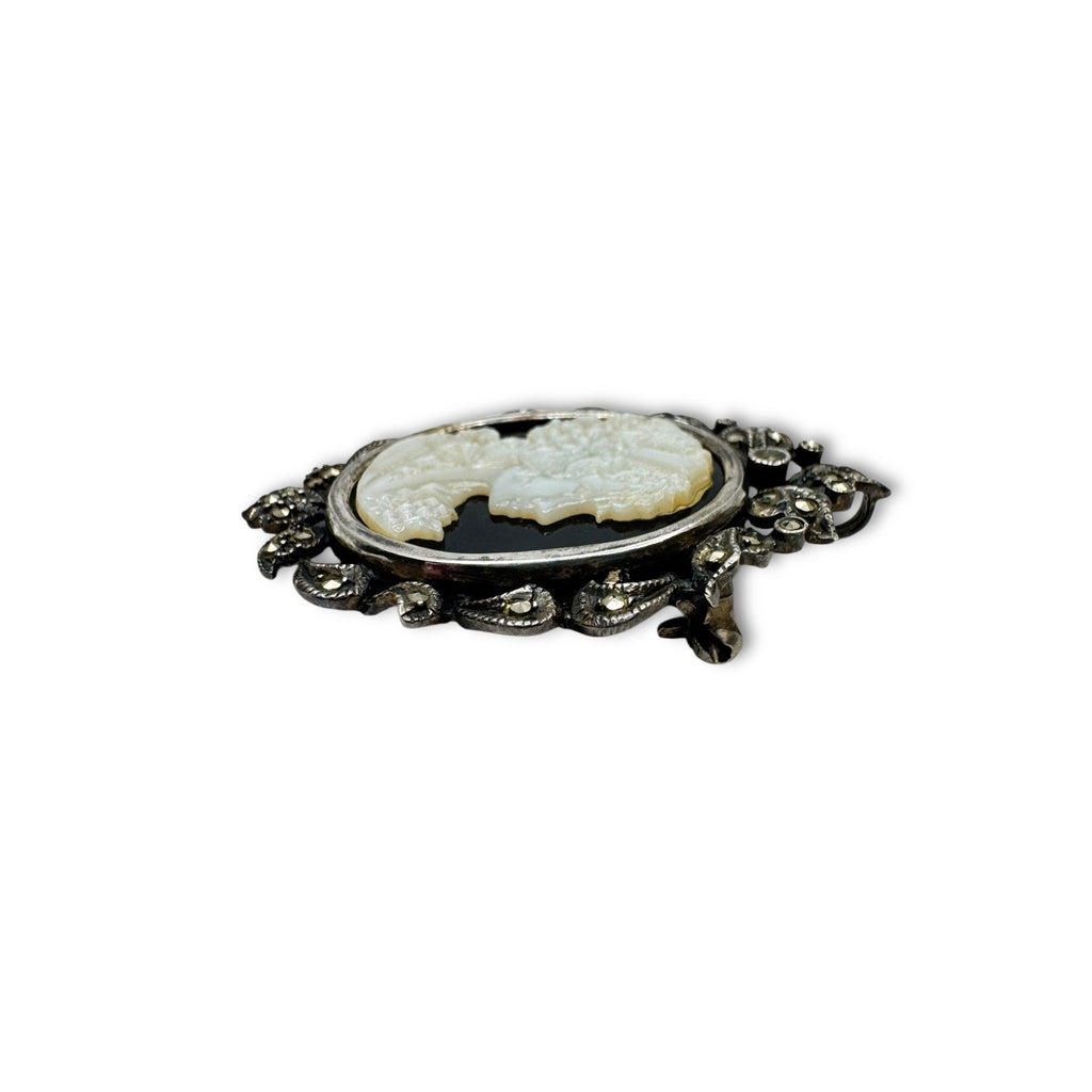 Art Deco Sterling Silver Cameo Brooch Pendant Marcasite Mother Of Pearl