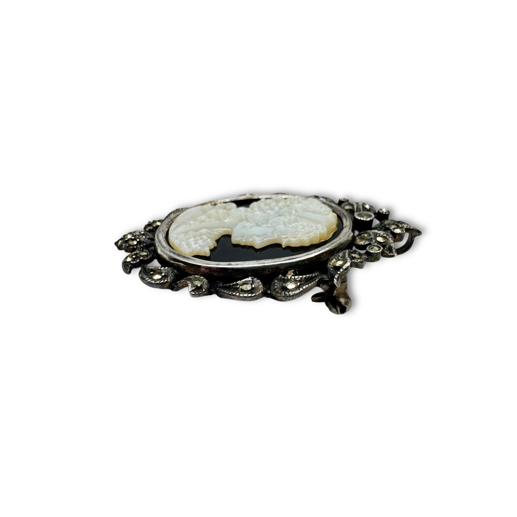 Art Deco Sterling Silver Cameo Brooch Pendant Marcasite Mother Of Pearl