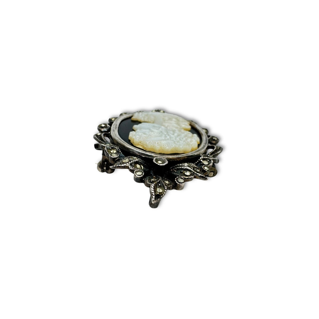 Art Deco Sterling Silver Cameo Brooch Pendant Marcasite Mother Of Pearl