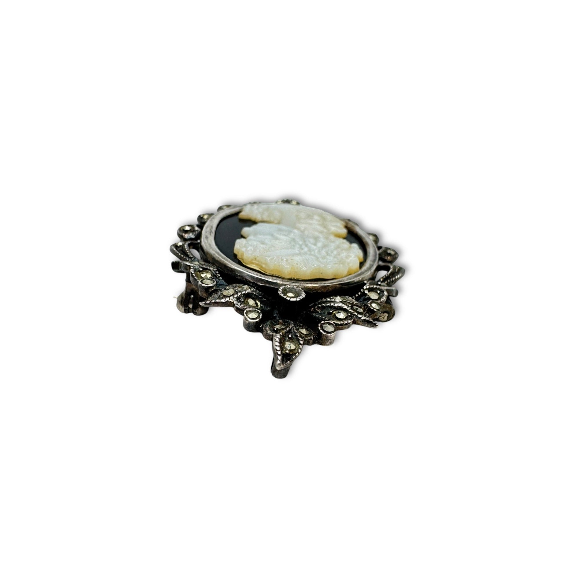 Art Deco Sterling Silver Cameo Brooch Pendant Marcasite Mother Of Pearl