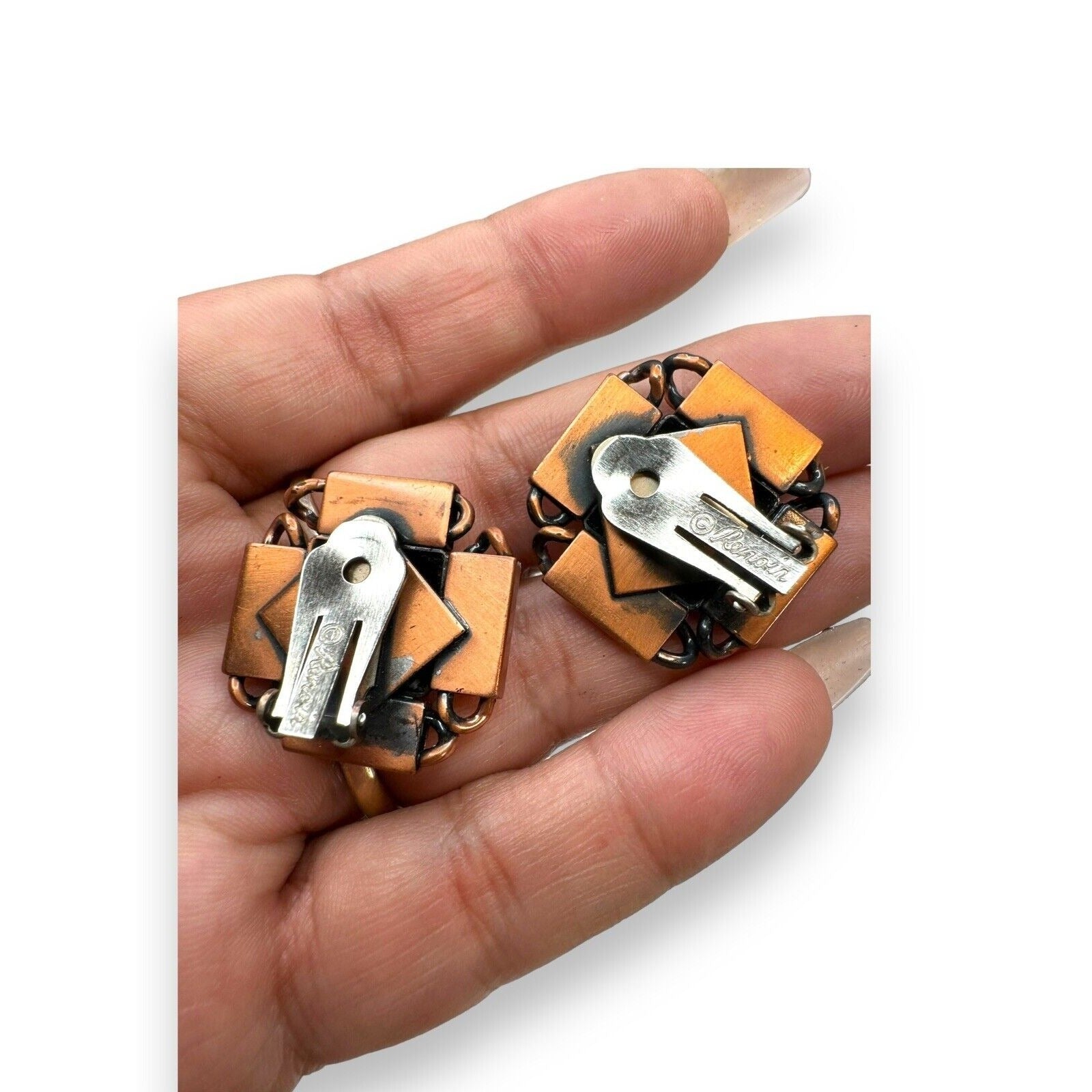 Vintage Renoir Copper Clip Earrings Modernist Mid Century 1.05"