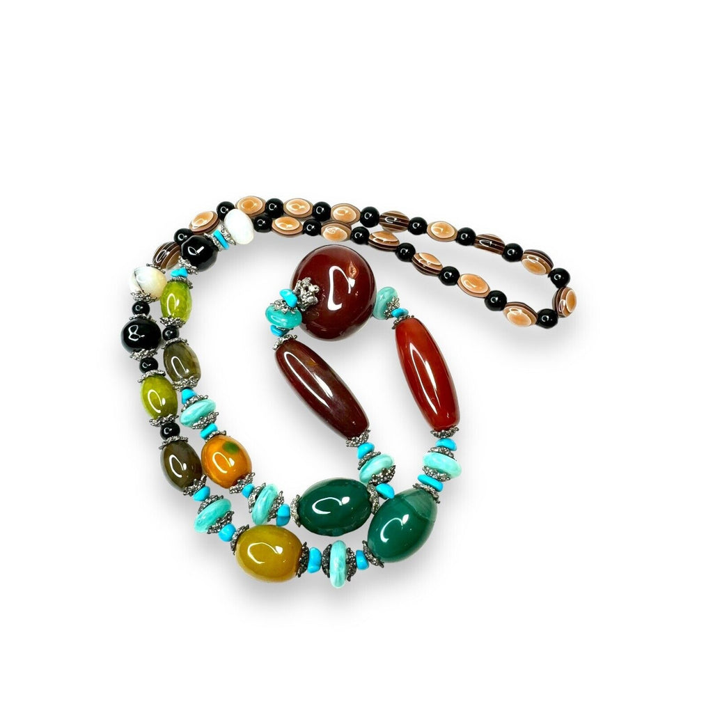 Long Stone Bead Necklace Mixed Gemstones and Glass 30" Boho Beaded Statement