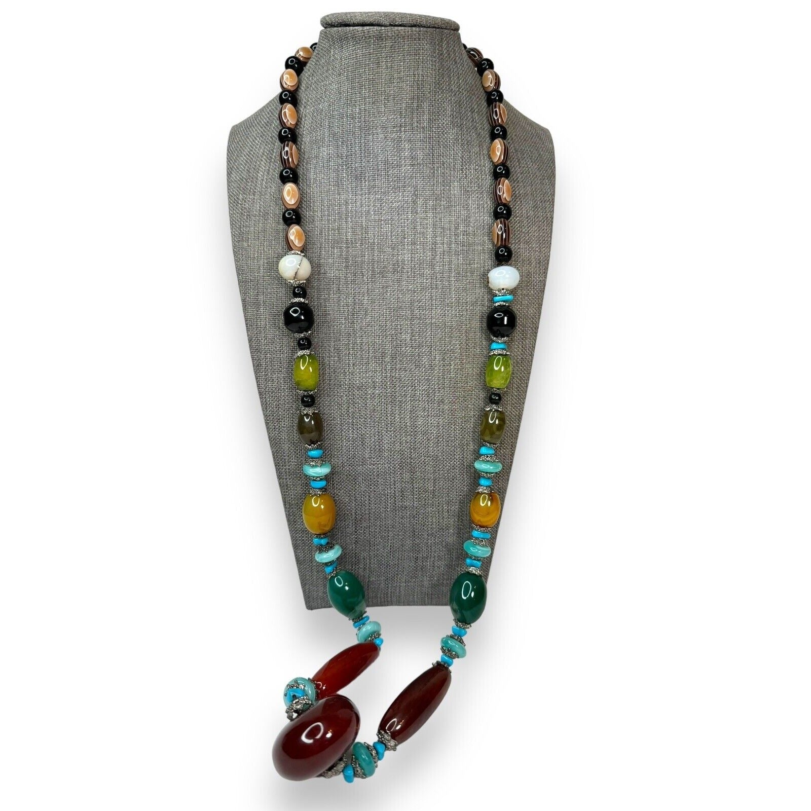 Long Stone Bead Necklace Mixed Gemstones and Glass 30" Boho Beaded Statement