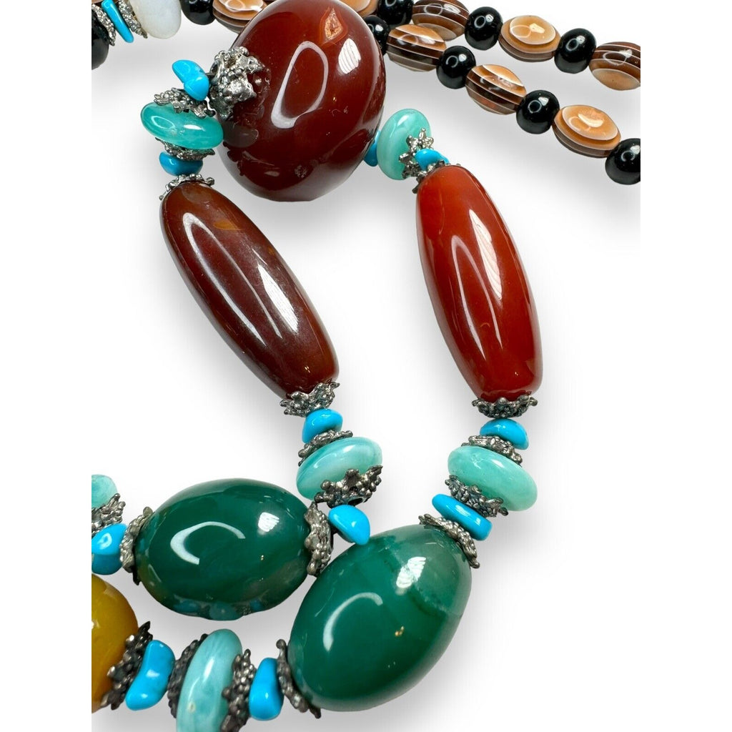 Long Stone Bead Necklace Mixed Gemstones and Glass 30" Boho Beaded Statement