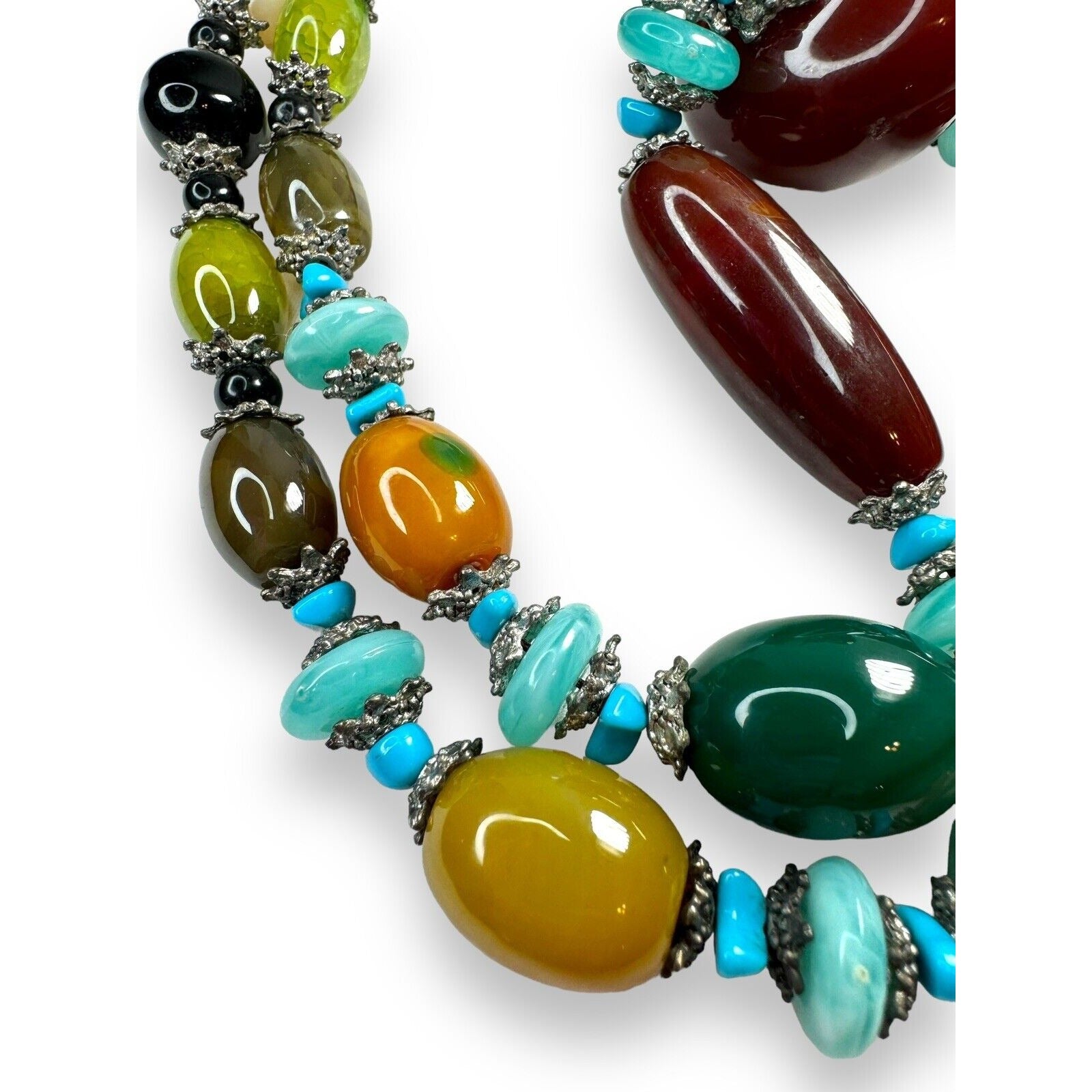 Long Stone Bead Necklace Mixed Gemstones and Glass 30" Boho Beaded Statement