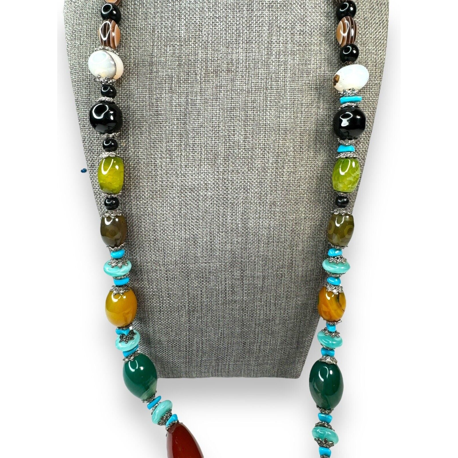 Long Stone Bead Necklace Mixed Gemstones and Glass 30" Boho Beaded Statement