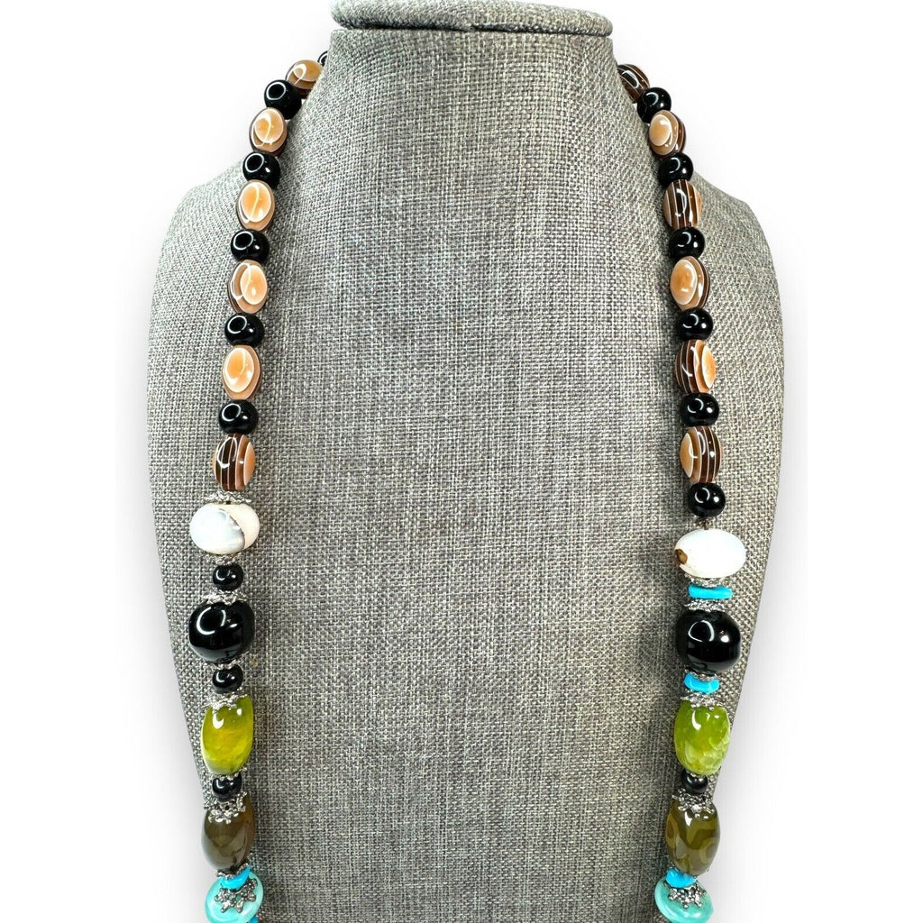 Long Stone Bead Necklace Mixed Gemstones and Glass 30" Boho Beaded Statement