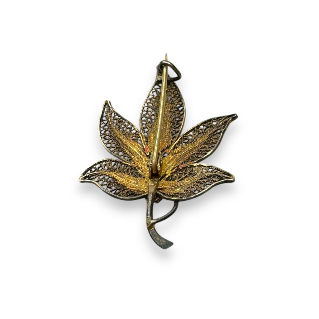 Filigree Leaf Brooch Pin Gold Vermeil Sterling Silver 2.21g Vintage