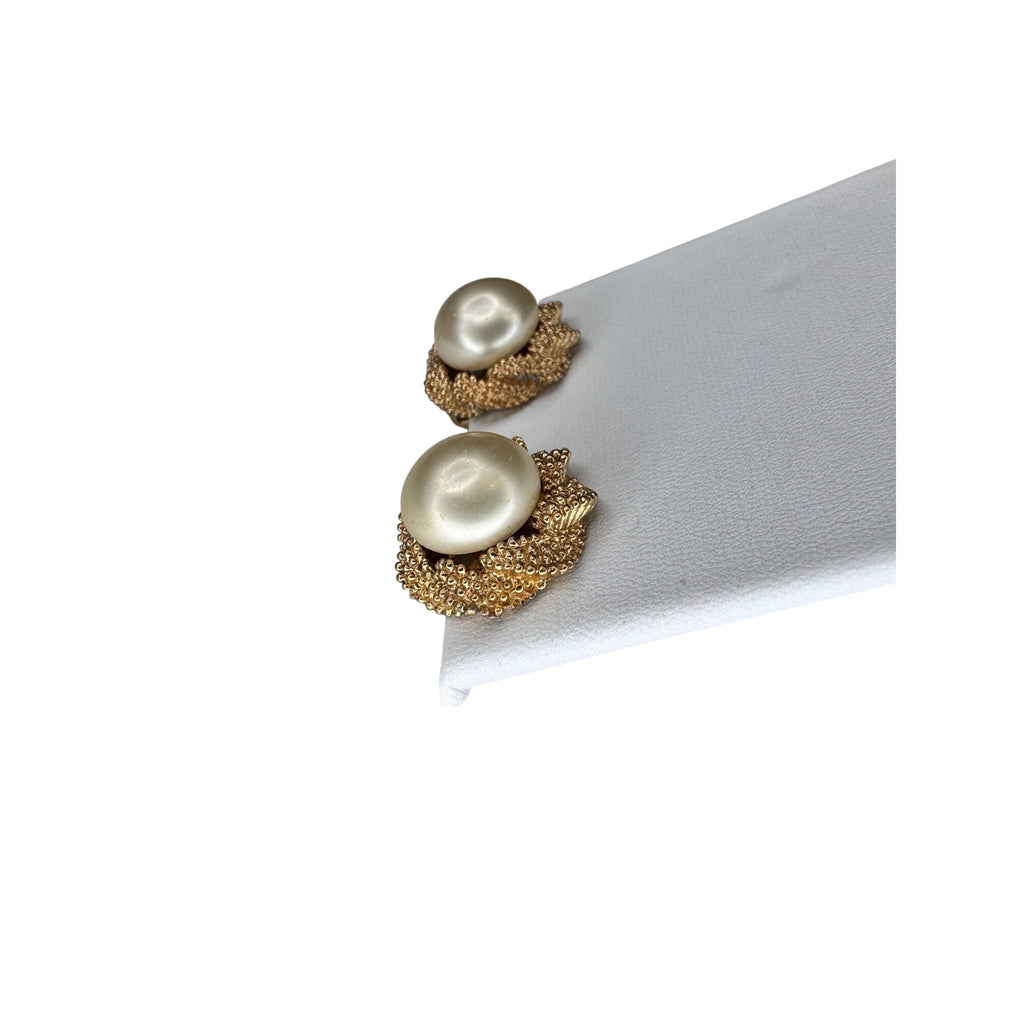 Panetta Gold Tone Faux Pearl Clip On Earrings 1980s Vintage