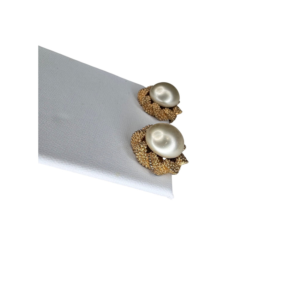 Panetta Gold Tone Faux Pearl Clip On Earrings 1980s Vintage