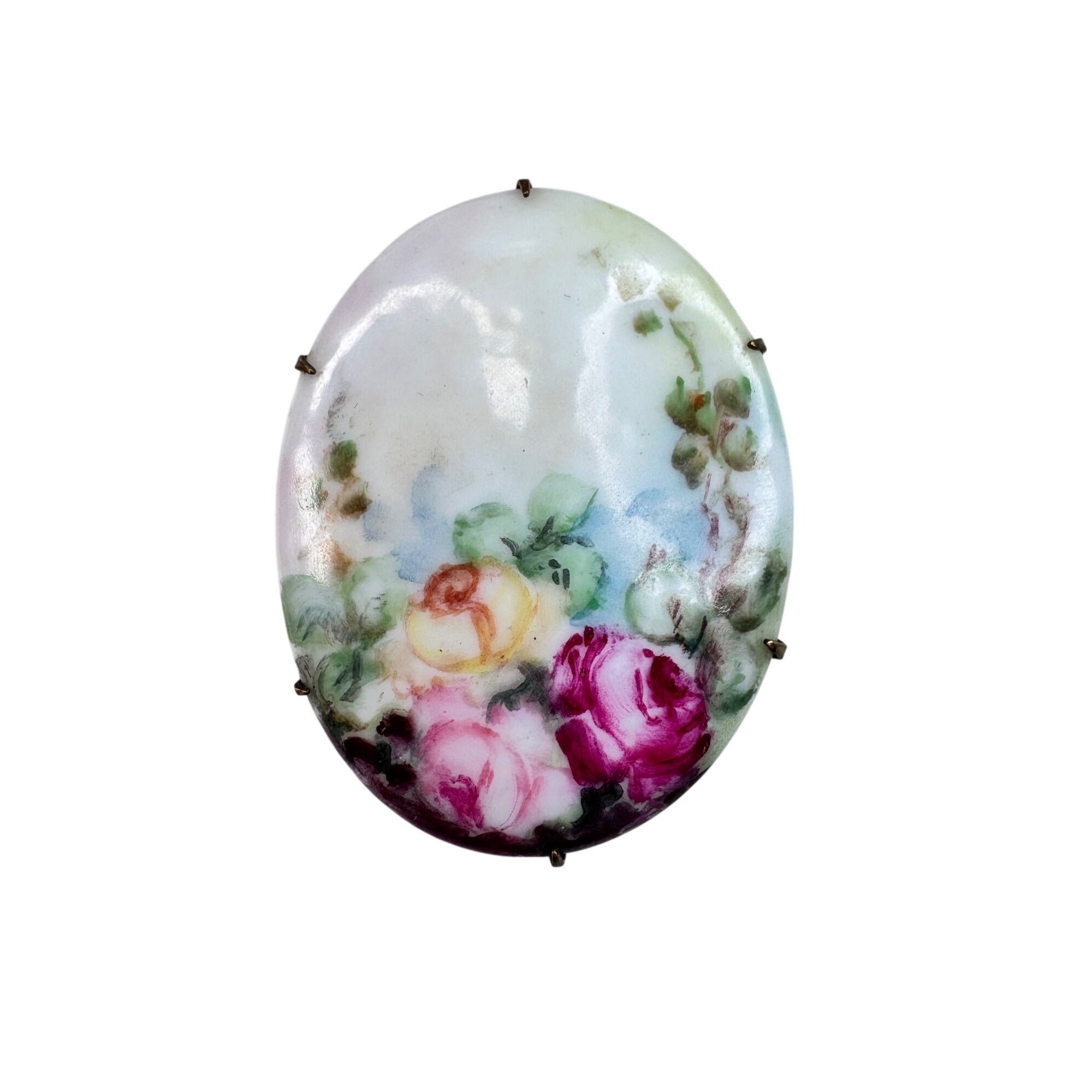 Victorian Porcelain Hand Painted Roses Brooch Brass Oval Floral Antique