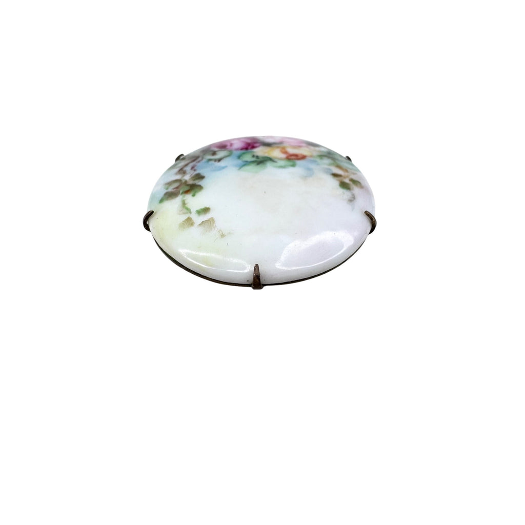 Victorian Porcelain Hand Painted Roses Brooch Brass Oval Floral Antique
