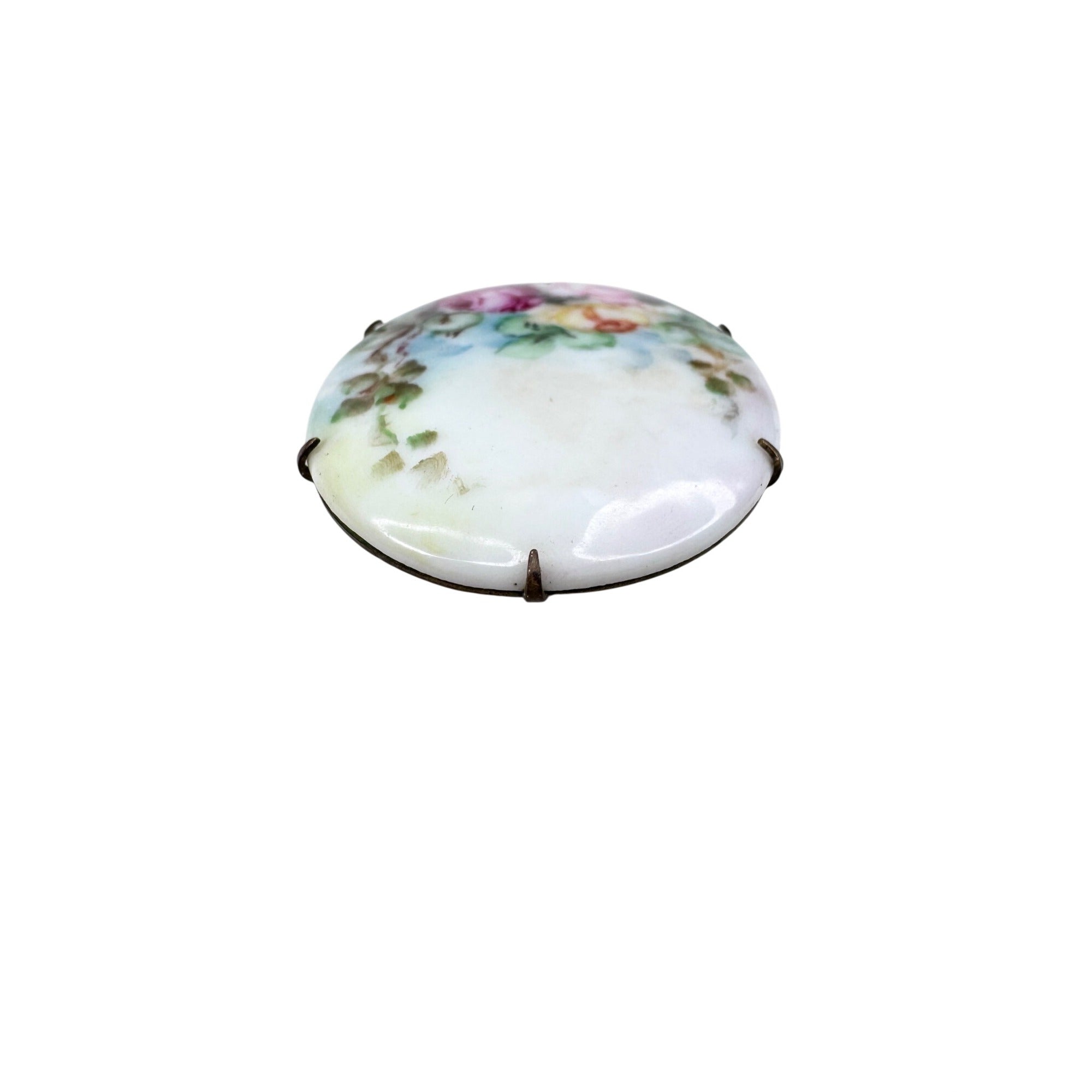 Victorian Porcelain Hand Painted Roses Brooch Brass Oval Floral Antique