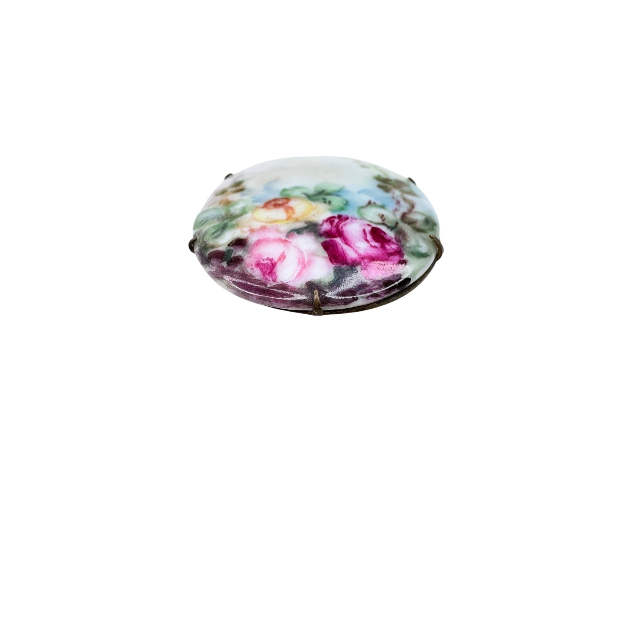 Victorian Porcelain Hand Painted Roses Brooch Brass Oval Floral Antique