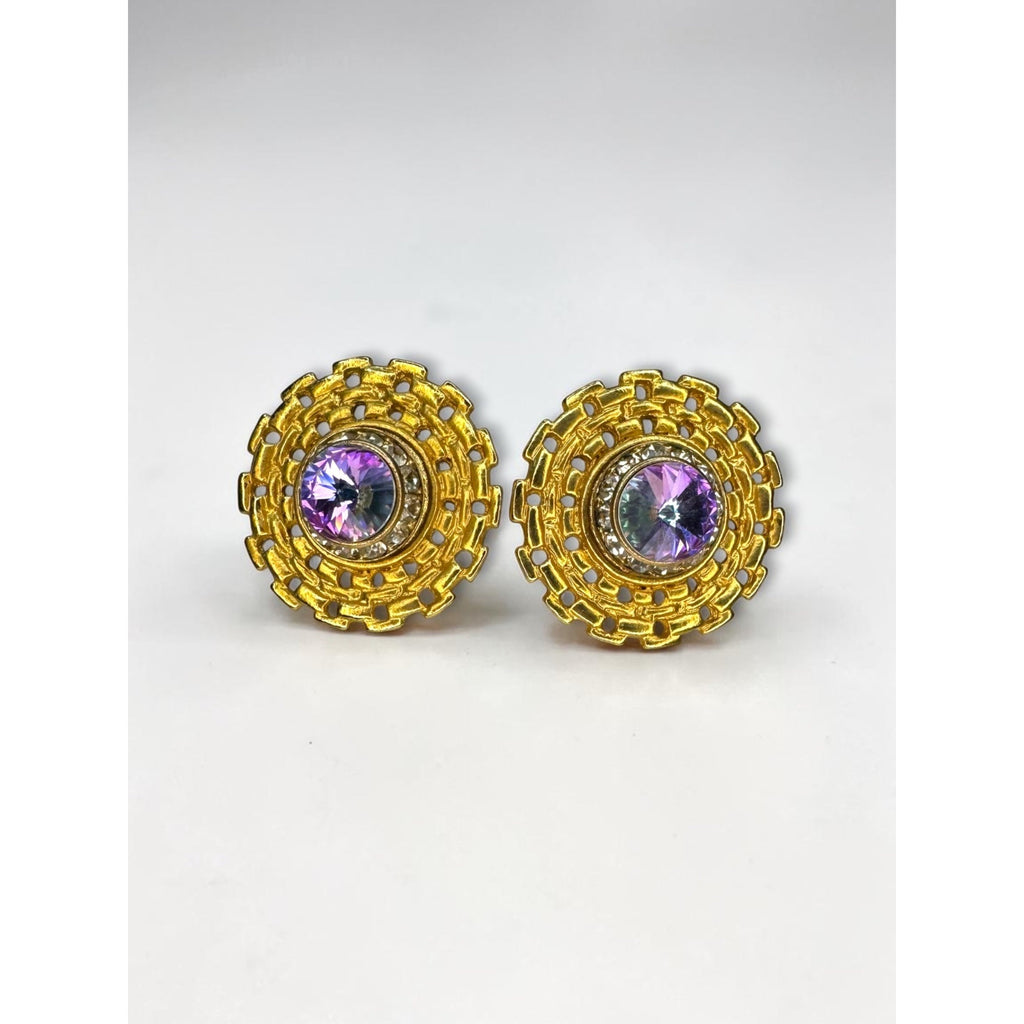 Heliotrope Rivoli Crystal Earrings Gold Tone Round Filigree 1960s Vintage