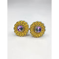 Heliotrope Rivoli Crystal Earrings Gold Tone Round Filigree 1960s Vintage