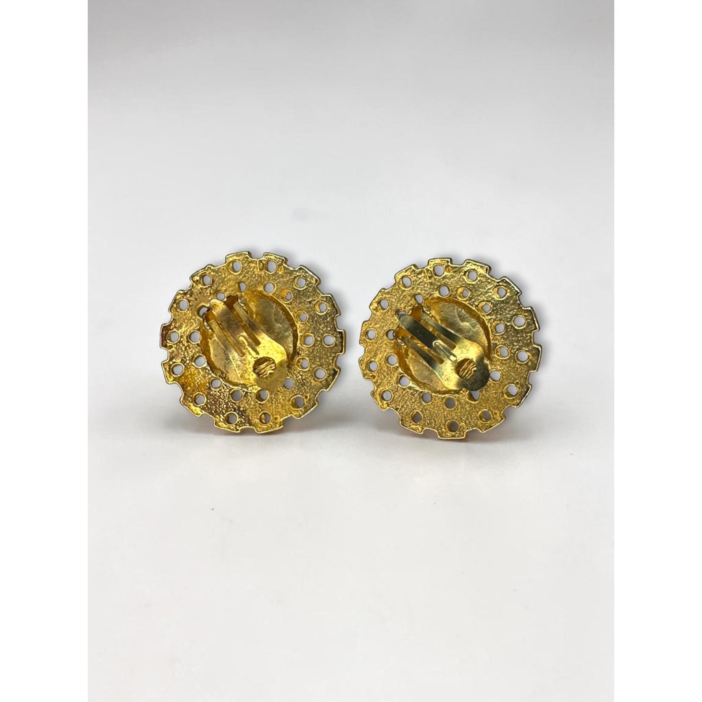 Heliotrope Rivoli Crystal Earrings Gold Tone Round Filigree 1960s Vintage