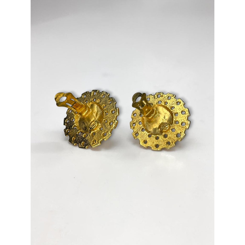 Heliotrope Rivoli Crystal Earrings Gold Tone Round Filigree 1960s Vintage