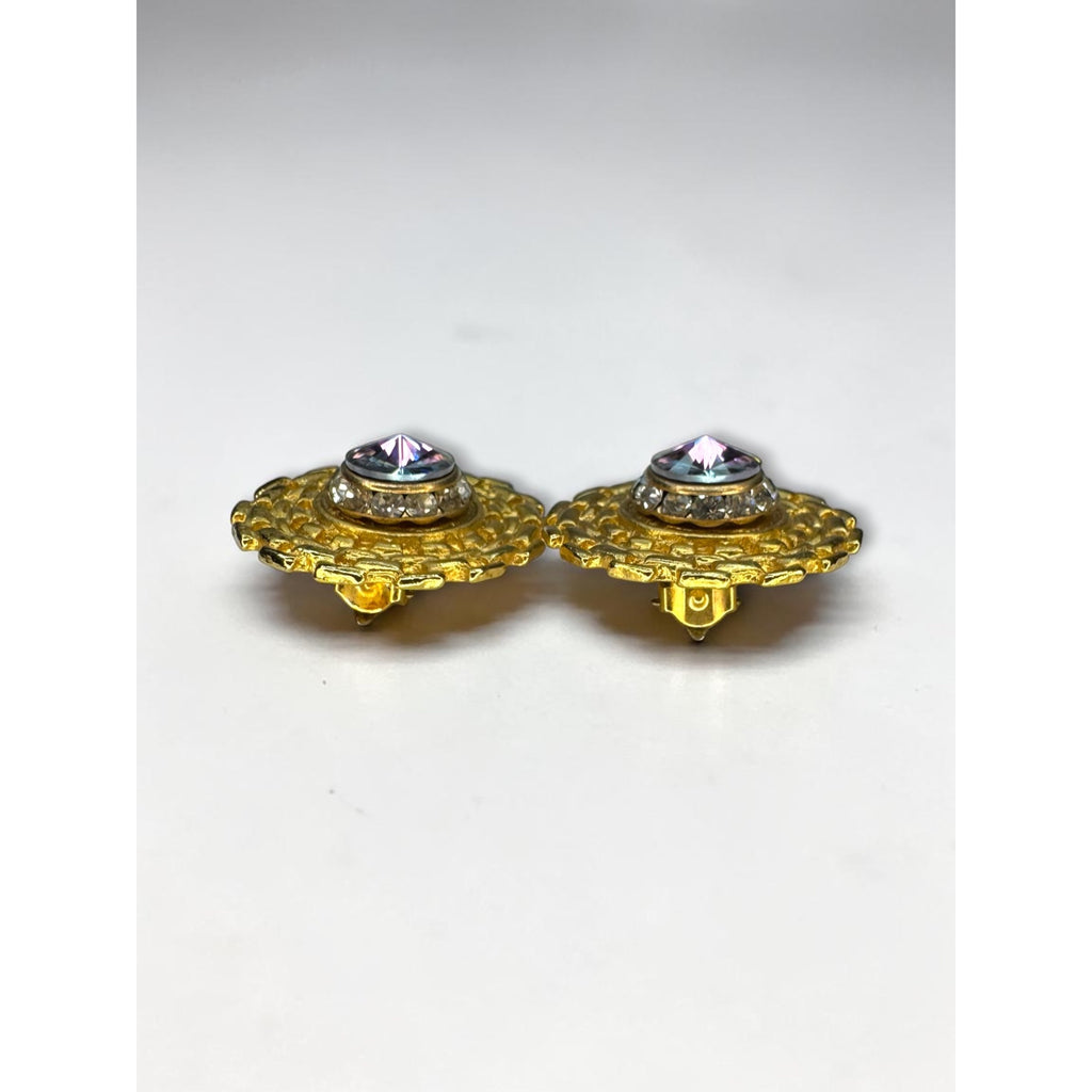 Heliotrope Rivoli Crystal Earrings Gold Tone Round Filigree 1960s Vintage