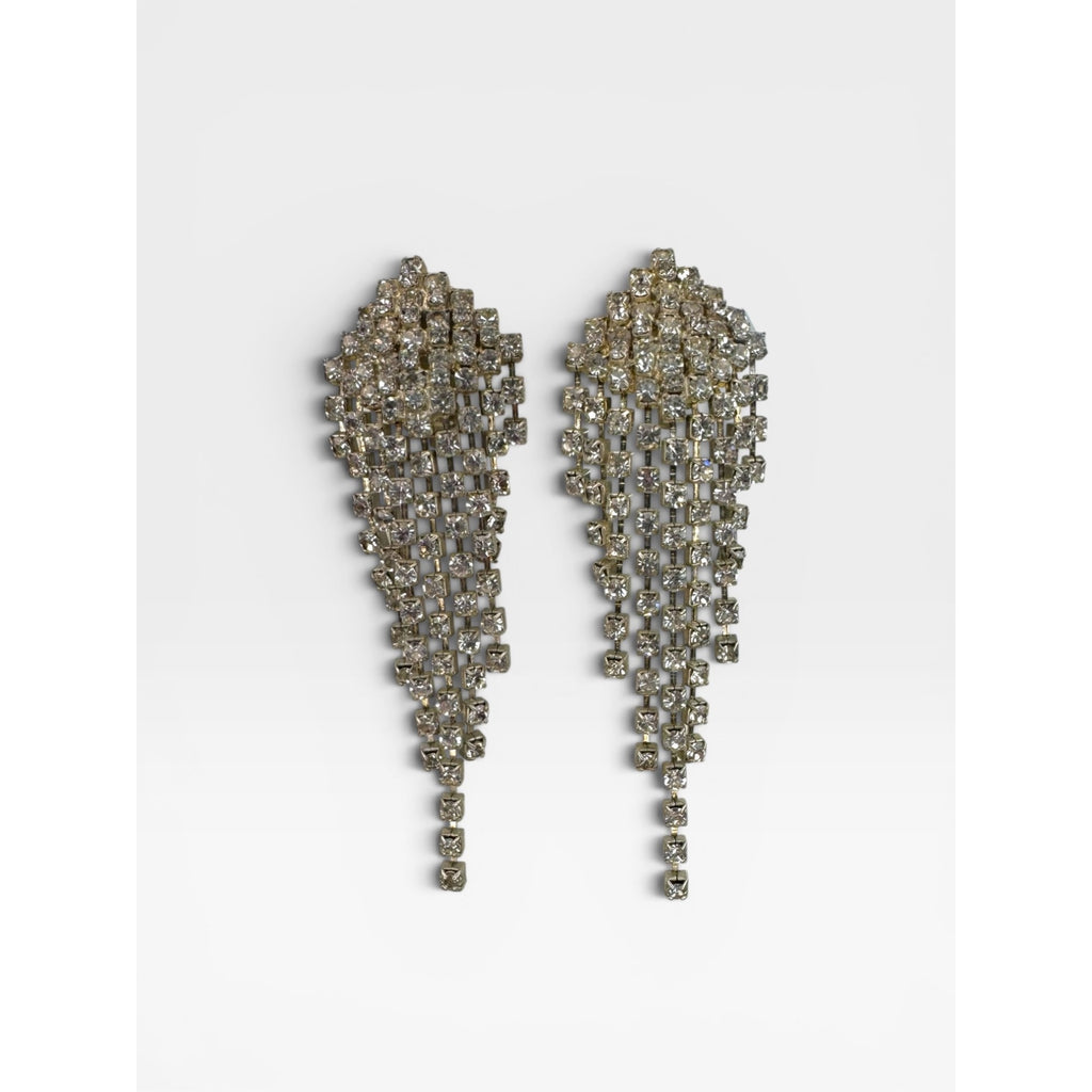 Crystal Waterfall Dangle Clip On Earrings Silver Tone Unsigned Vintage 60s