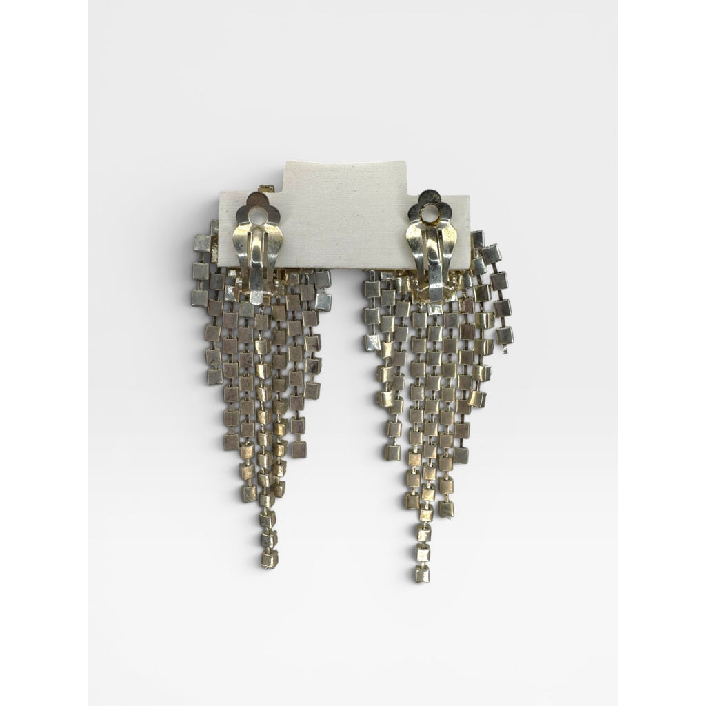 Crystal Waterfall Dangle Clip On Earrings Silver Tone Unsigned Vintage 60s