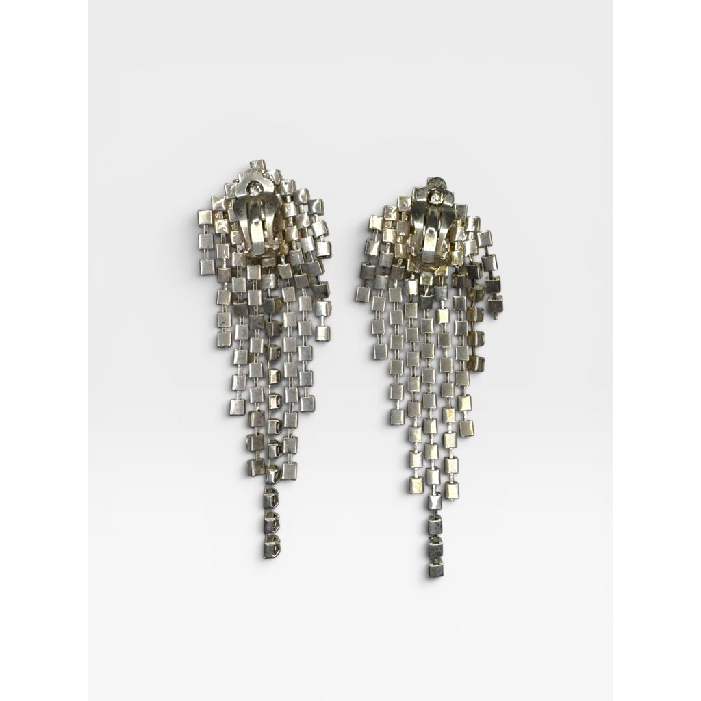 Crystal Waterfall Dangle Clip On Earrings Silver Tone Unsigned Vintage 60s