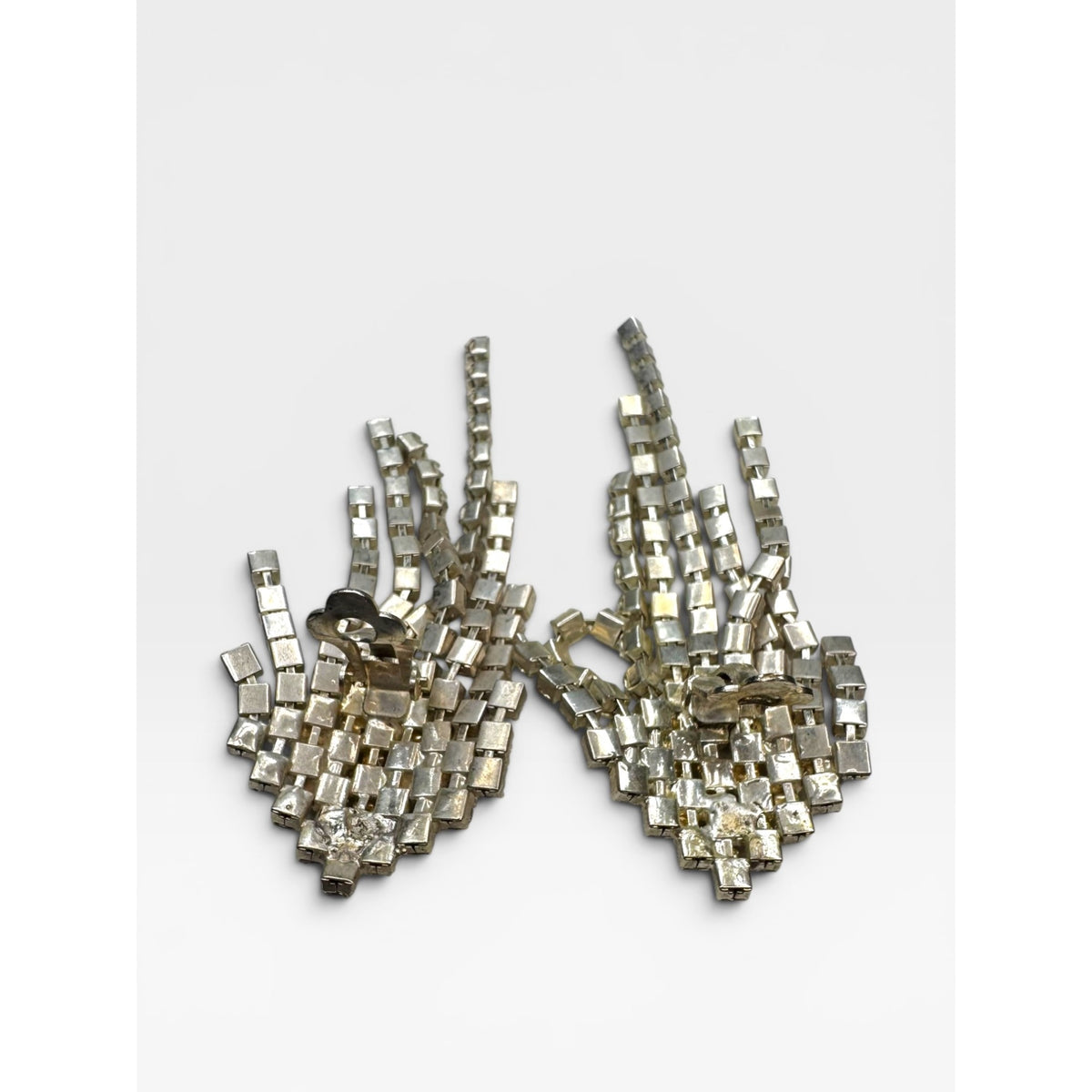 Crystal Waterfall Dangle Clip On Earrings Silver Tone Unsigned Vintage 60s