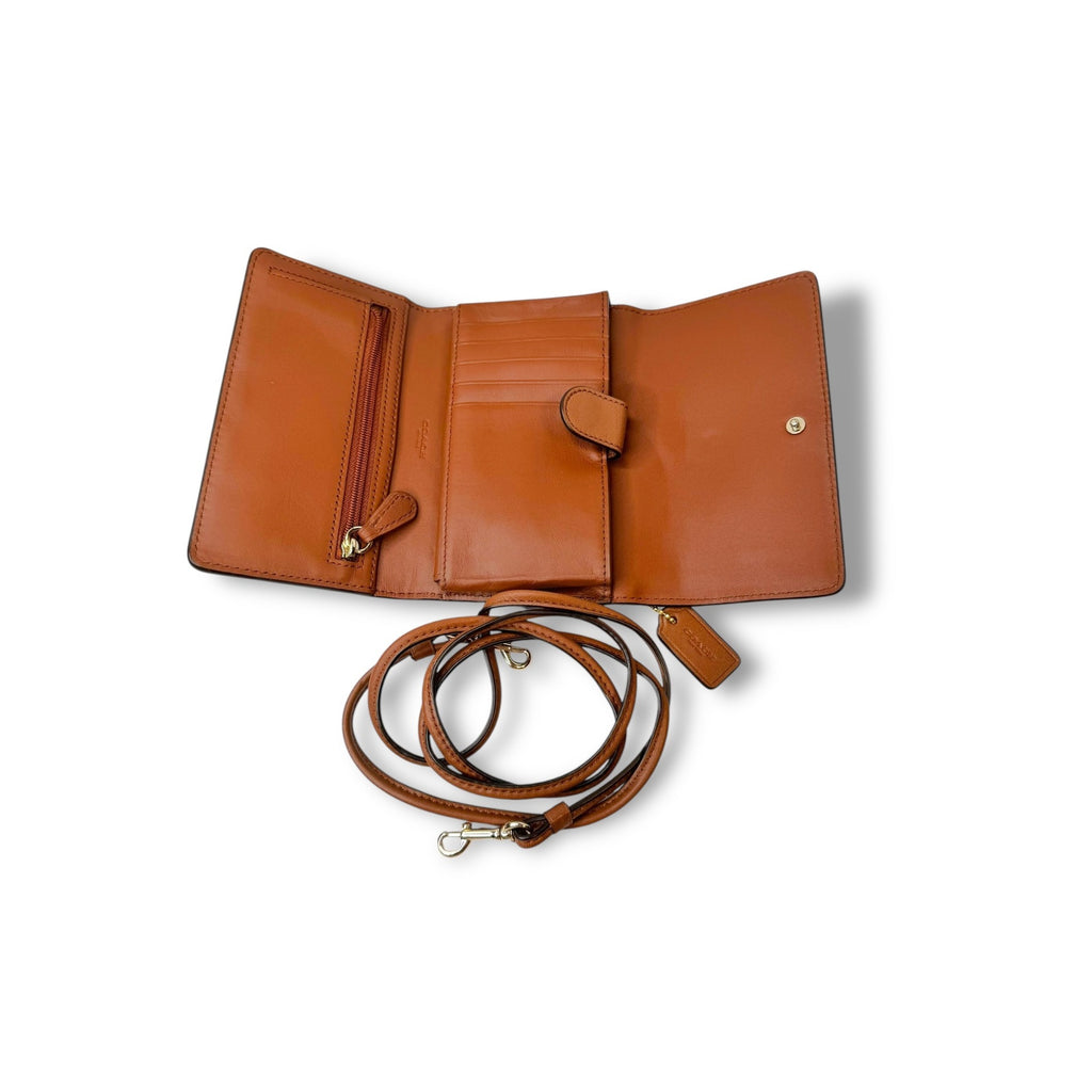 Coach Brown Leather Wallet Purse Phone Holder Removable Strap Snap Closure