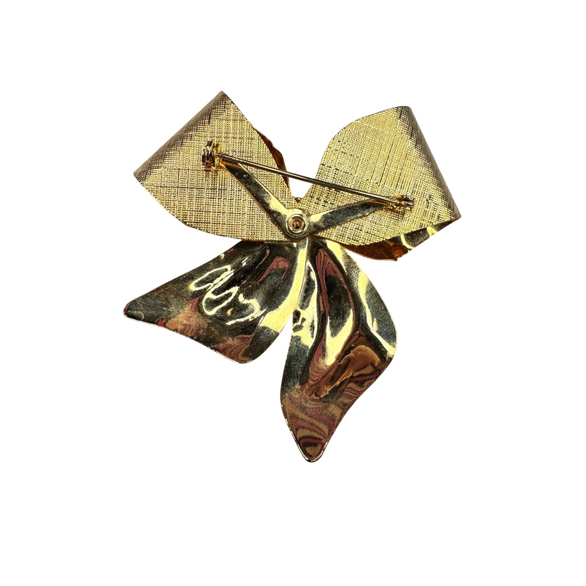 Unsigned Bow Brooch Gold Tone Textured Ribbon Clear Crystals 1980s Vintage