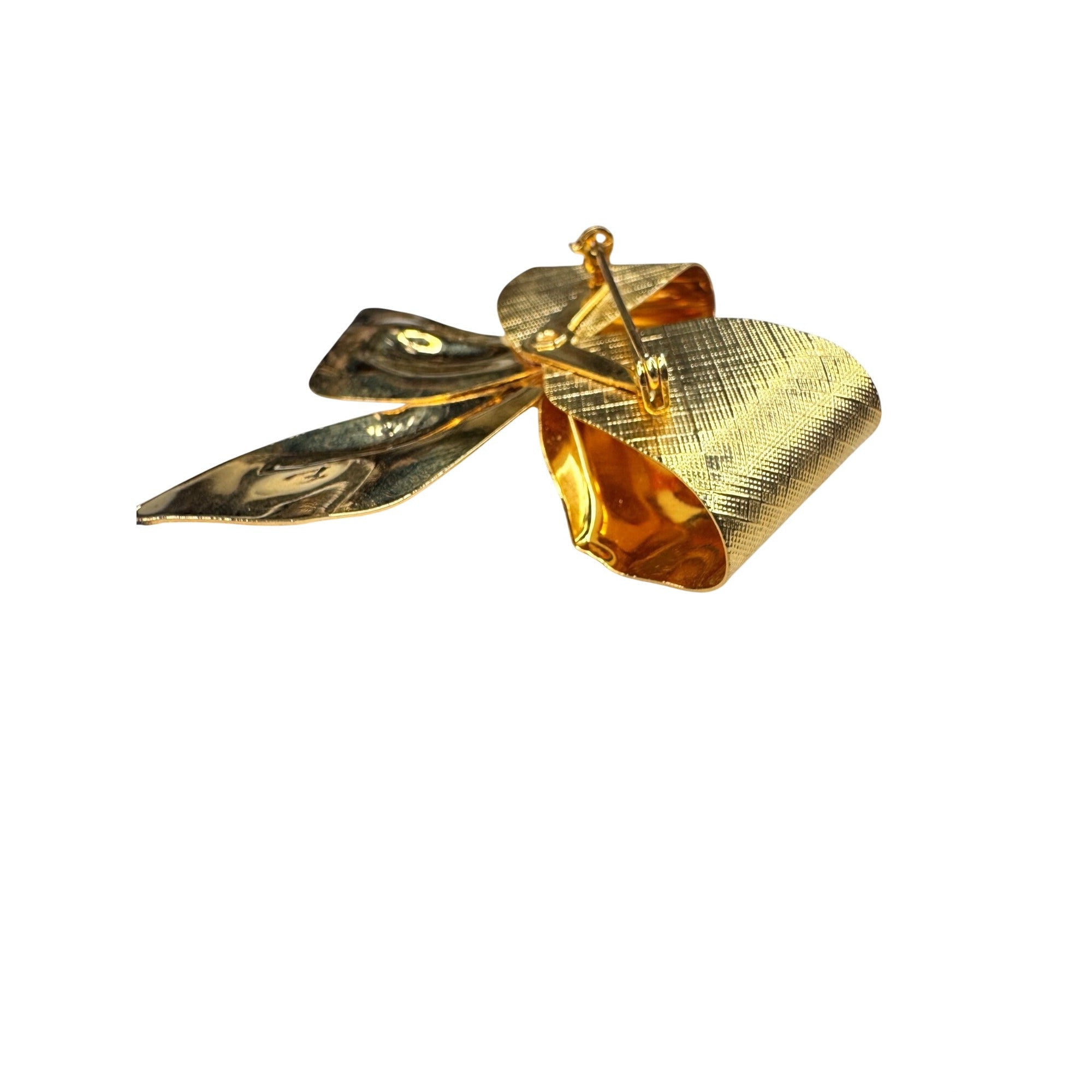 Unsigned Bow Brooch Gold Tone Textured Ribbon Clear Crystals 1980s Vintage