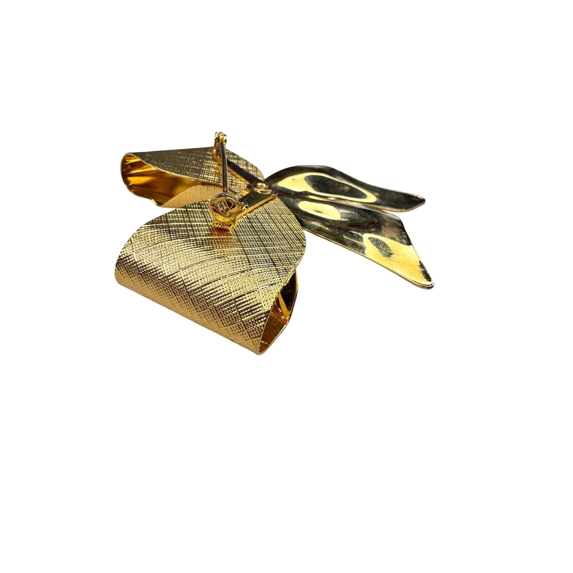 Unsigned Bow Brooch Gold Tone Textured Ribbon Clear Crystals 1980s Vintage