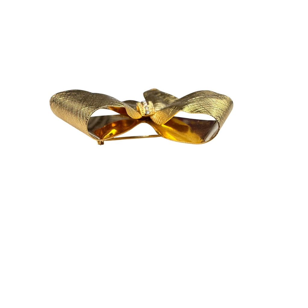 Unsigned Bow Brooch Gold Tone Textured Ribbon Clear Crystals 1980s Vintage