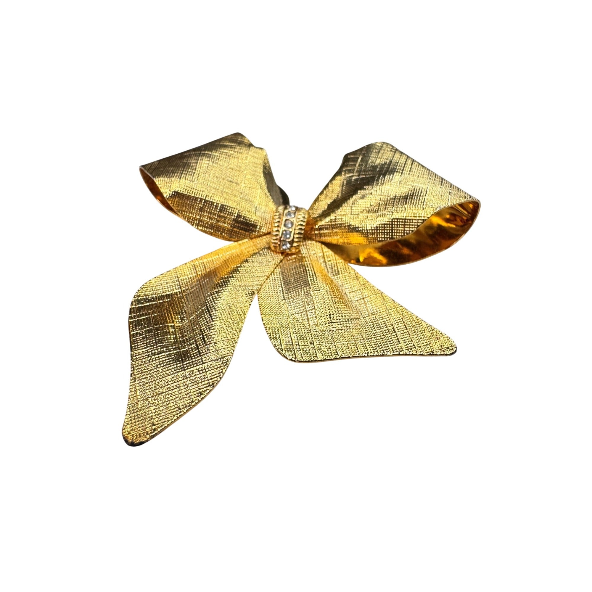 Unsigned Bow Brooch Gold Tone Textured Ribbon Clear Crystals 1980s Vintage