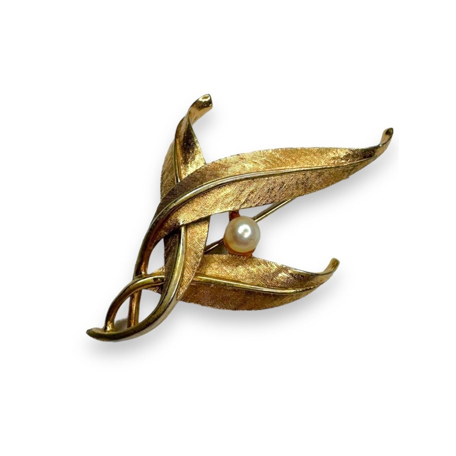 Vintage Boucher Gold Tone Leaf Brooch Faux Pearl Mid Century Modern 2.5"