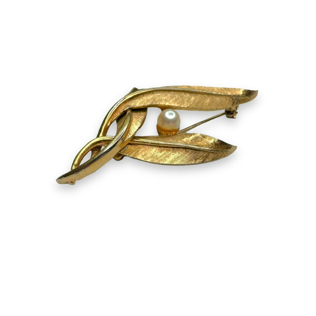 Vintage Boucher Gold Tone Leaf Brooch Faux Pearl Mid Century Modern 2.5"