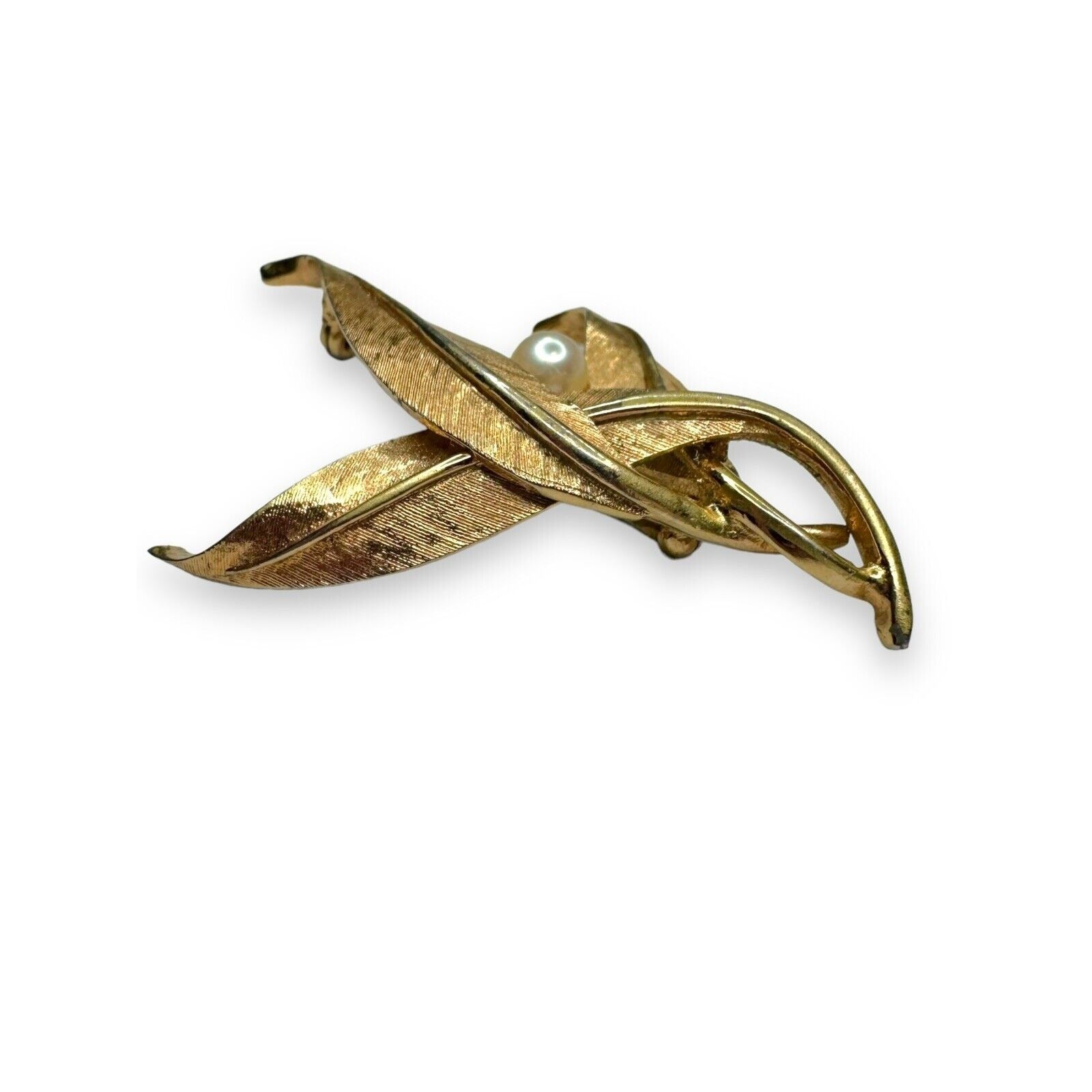 Vintage Boucher Gold Tone Leaf Brooch Faux Pearl Mid Century Modern 2.5"