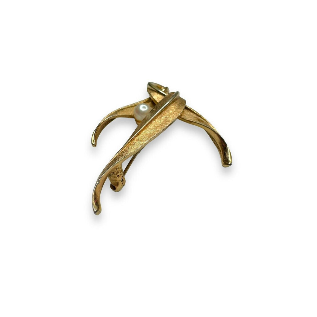 Vintage Boucher Gold Tone Leaf Brooch Faux Pearl Mid Century Modern 2.5"