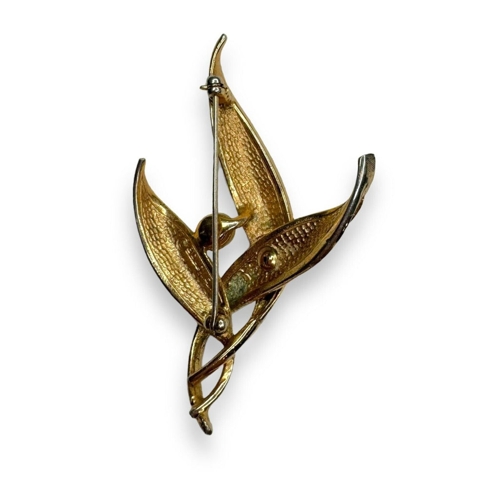 Vintage Boucher Gold Tone Leaf Brooch Faux Pearl Mid Century Modern 2.5"