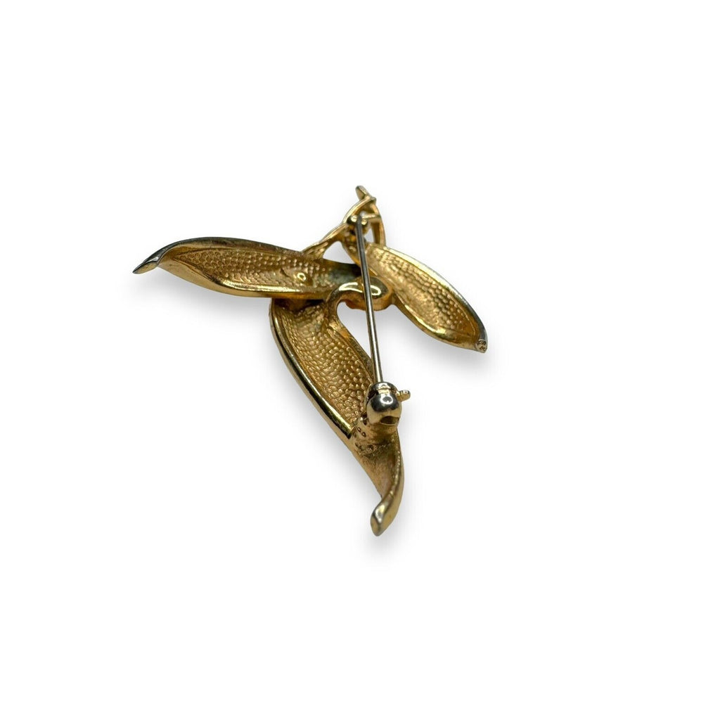 Vintage Boucher Gold Tone Leaf Brooch Faux Pearl Mid Century Modern 2.5"