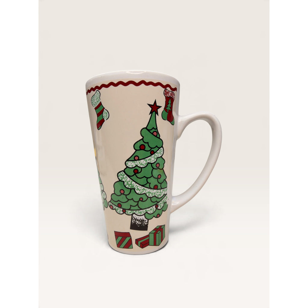 Christmas Tree Stocking Gifts Tall Stoneware Latte Mug 6 Inch Vintage 1990s
