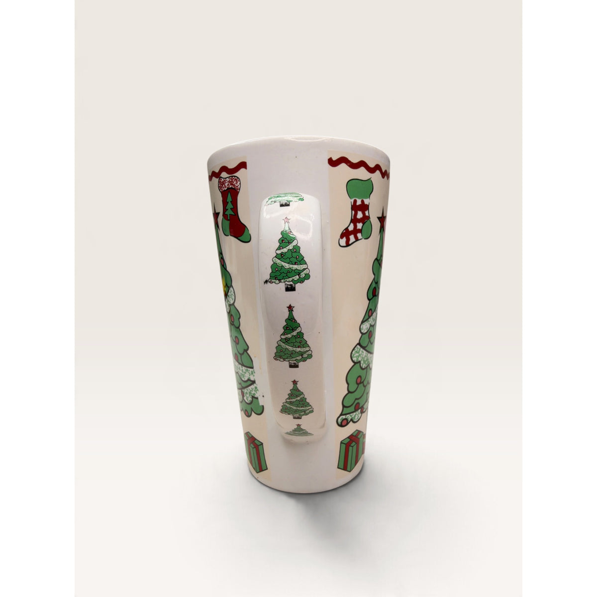 Christmas Tree Stocking Gifts Tall Stoneware Latte Mug 6 Inch Vintage 1990s